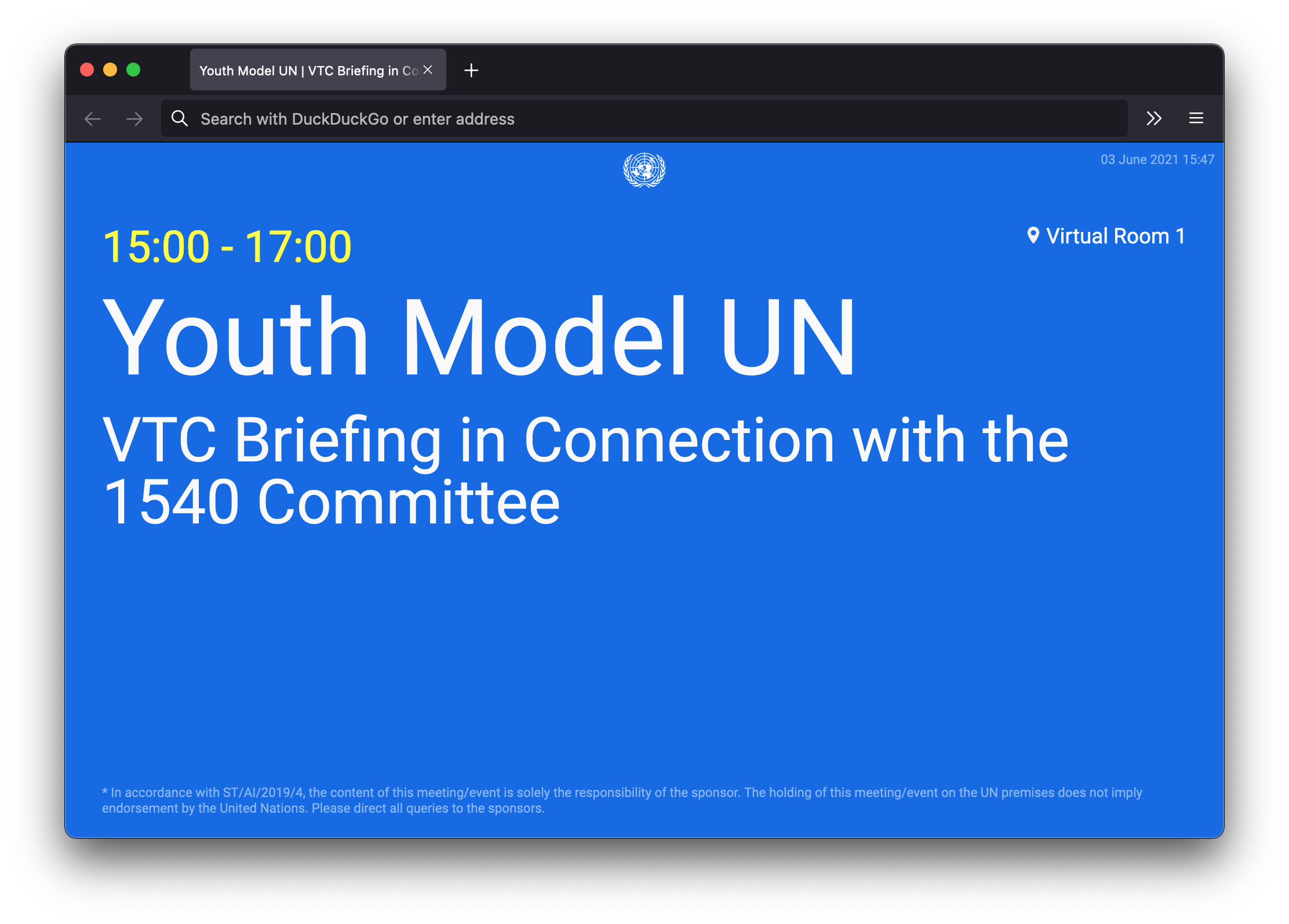 Screenshot of the United Nations announcement screens website